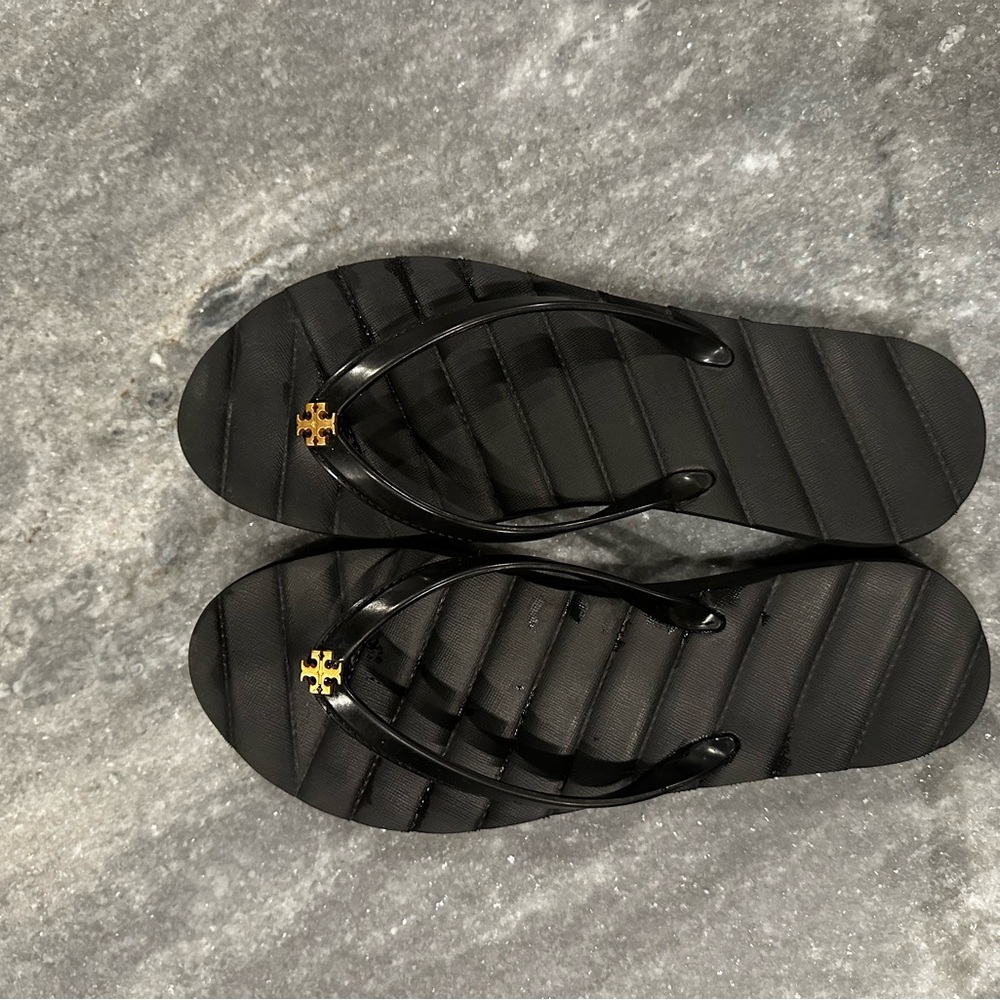 Tory Burch Black Sandals with Gold Emblem